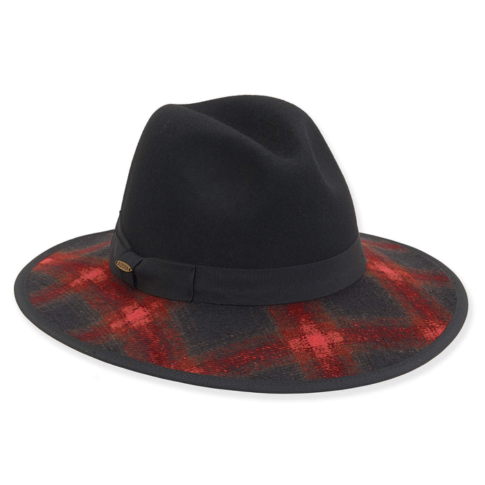 Plaid Brim Wool Felt Safari Hat - Adora® Hats Safari Hat Adora Hats AD1120B Black / Red