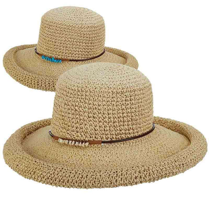 Rolled Brim Toyo Straw Hat with Stone Accented Tie - Scala Pronto Kettle Brim Hat Scala Hats
