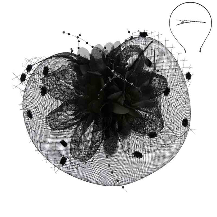 Satin Flower Dotted Netting Fascinator Headband - Something Special Fascinator Something Special LA HTH2221bk Black