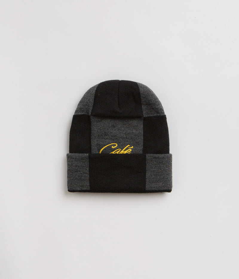 Skateboard Cafe Check Fold Beanie in Charcoal and Black / Gold