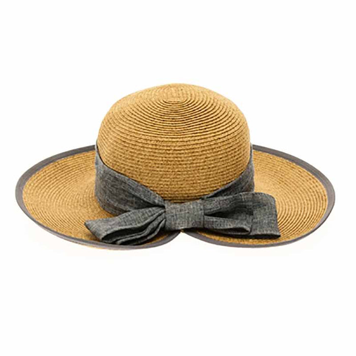 Split Back Sun Hat with Grey Linen Bow - Boardwalk Style Wide Brim Hat Boardwalk Style Hats da1831 Grey Medium (57 cm)