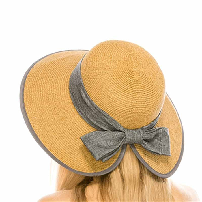 Split Back Sun Hat with Grey Linen Bow - Boardwalk Style Wide Brim Hat Boardwalk Style Hats