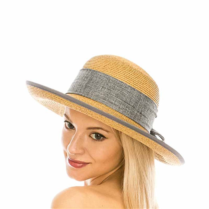Split Back Sun Hat with Grey Linen Bow - Boardwalk Style Wide Brim Hat Boardwalk Style Hats