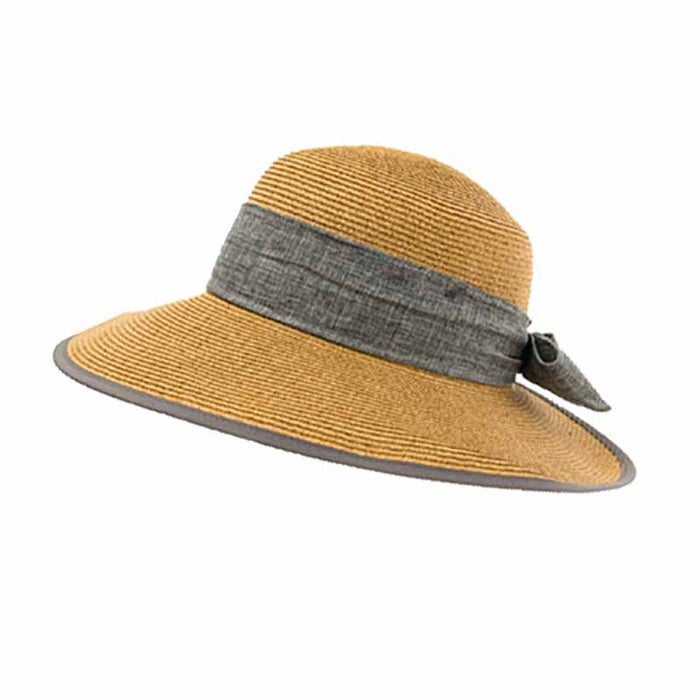 Split Back Sun Hat with Grey Linen Bow - Boardwalk Style Wide Brim Hat Boardwalk Style Hats