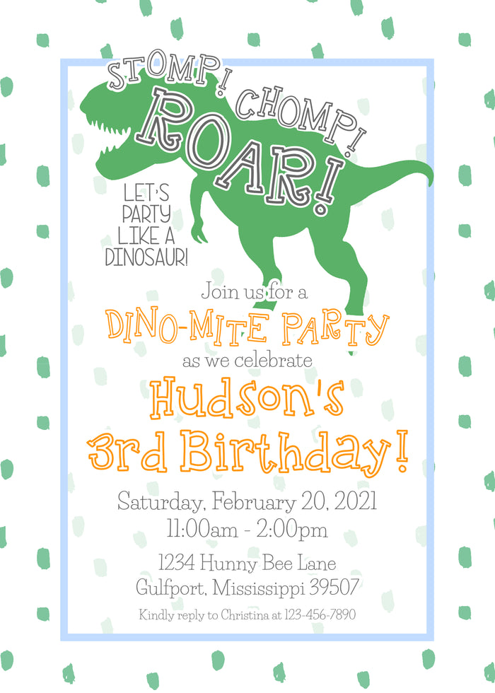 Stomp! Chomp! Roar! Dinosaur Birthday Invitation