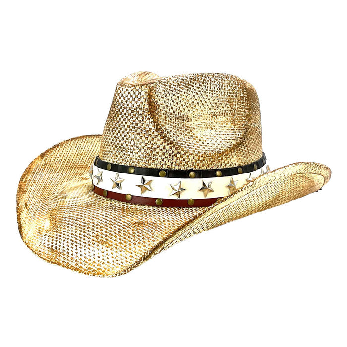 Straw Cowboy Hat with Red, White and Blue Star Band - Milani Hats Cowboy Hat Milani Hats ST-092 Tan M/L