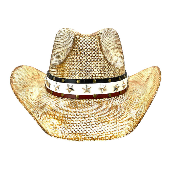 Straw Cowboy Hat with Red, White and Blue Star Band - Milani Hats Cowboy Hat Milani Hats