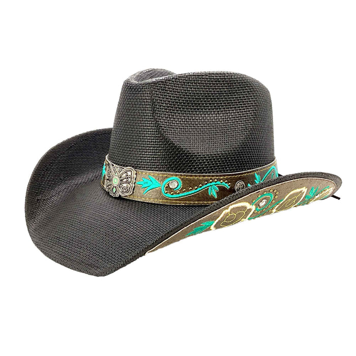 Straw Cowboy Hat with Turquoise Embroidered Band - Milani Hats Cowboy Hat Milani Hats ST-117U Black M/L