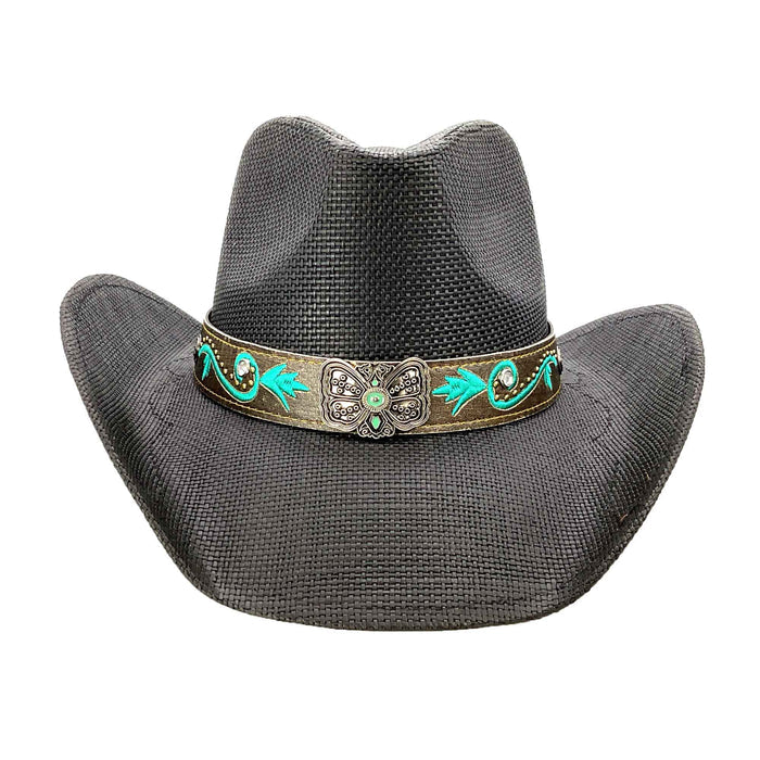 Straw Cowboy Hat with Turquoise Embroidered Band - Milani Hats Cowboy Hat Milani Hats