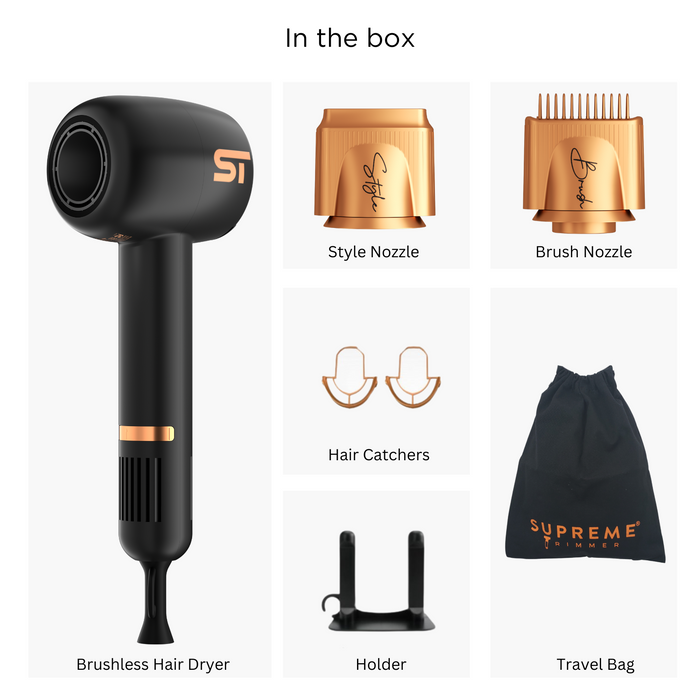 Supreme Tools Black Hair Dryer Kit with Styling Attachments, Filter Covers and Travel Bag