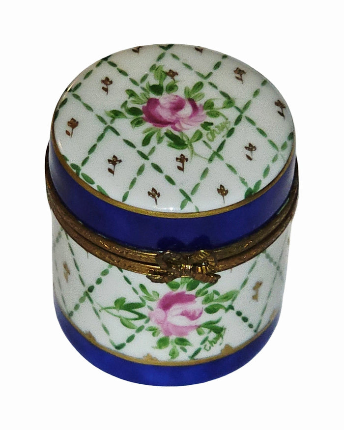 Tall Round Limoges Box in Blue and Gold