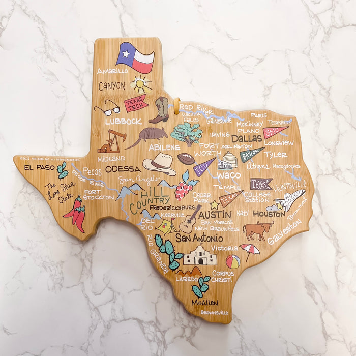 Texas State Shaped Cutting and Serving Board with Artwork by Fish Kiss - Lyla's: Clothing & Gifts - Online and Rockwall Texas Boutique