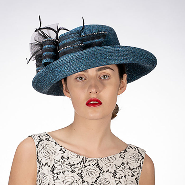 Turquoise and Black Off Face Metallic and Rhinestone Dress Hat - KaKyCO Dress Hat KaKyCO