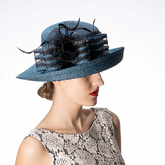 Turquoise and Black Off Face Metallic and Rhinestone Dress Hat - KaKyCO Dress Hat KaKyCO