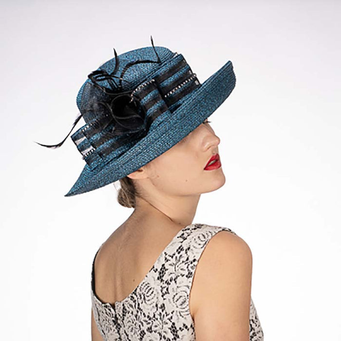 Turquoise and Black Off Face Metallic and Rhinestone Dress Hat - KaKyCO Dress Hat KaKyCO