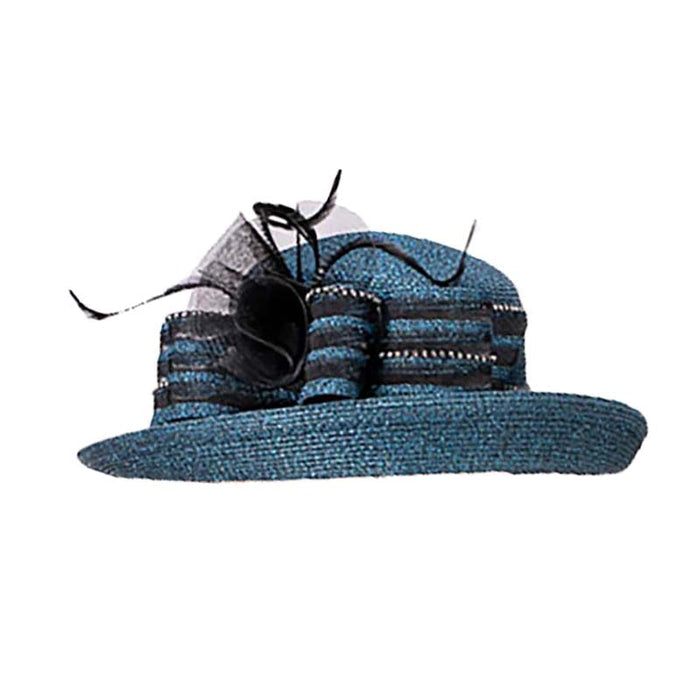 Turquoise and Black Off Face Metallic and Rhinestone Dress Hat - KaKyCO Dress Hat KaKyCO
