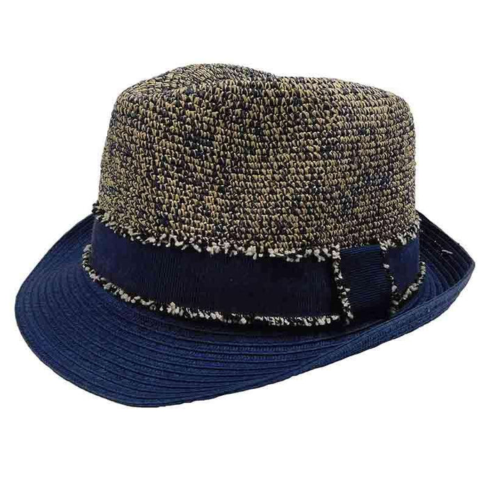 Unisex Tweed Navy Raffia Crown Fedora Hat - Sun Styles Hats Fedora Hat Sun Styles xgz079nv Navy