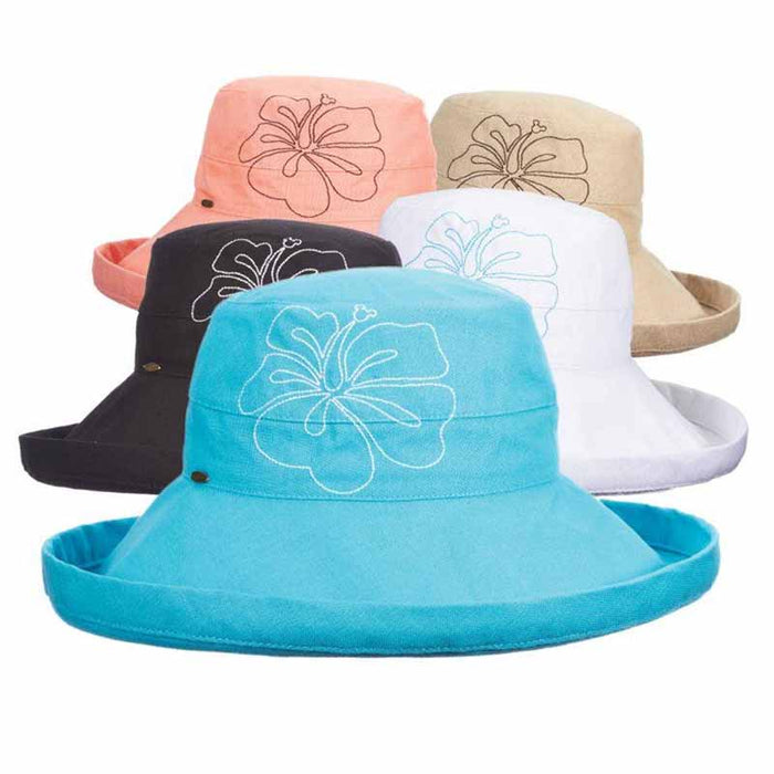 Up Turned Brim Cotton Sun Hat with Hibiscus Embroidery - Scala Hats Kettle Brim Hat Scala Hats