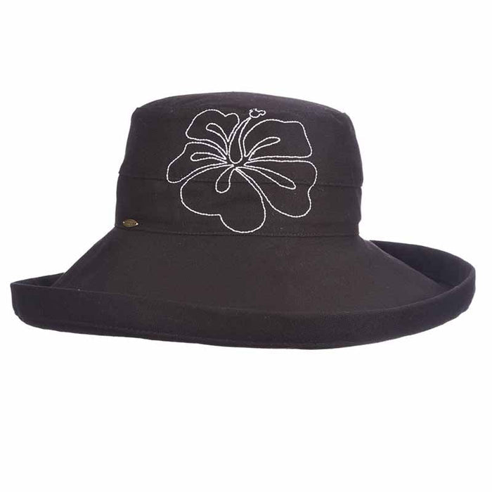 Up Turned Brim Cotton Sun Hat with Hibiscus Embroidery - Scala Hats Kettle Brim Hat Scala Hats lc757bk Black
