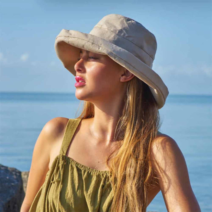 Up Turned Brim Linen Sun Hat in Neutral Colors - Tropical Trends Kettle Brim Hat Dorfman Hat Co.