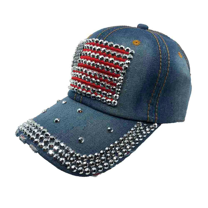 USA Red White and Blue Rhinestone Studded Baseball Cap - Bohemian Fashion Cap Bohemian Fashion LH6362bl Dark Denim