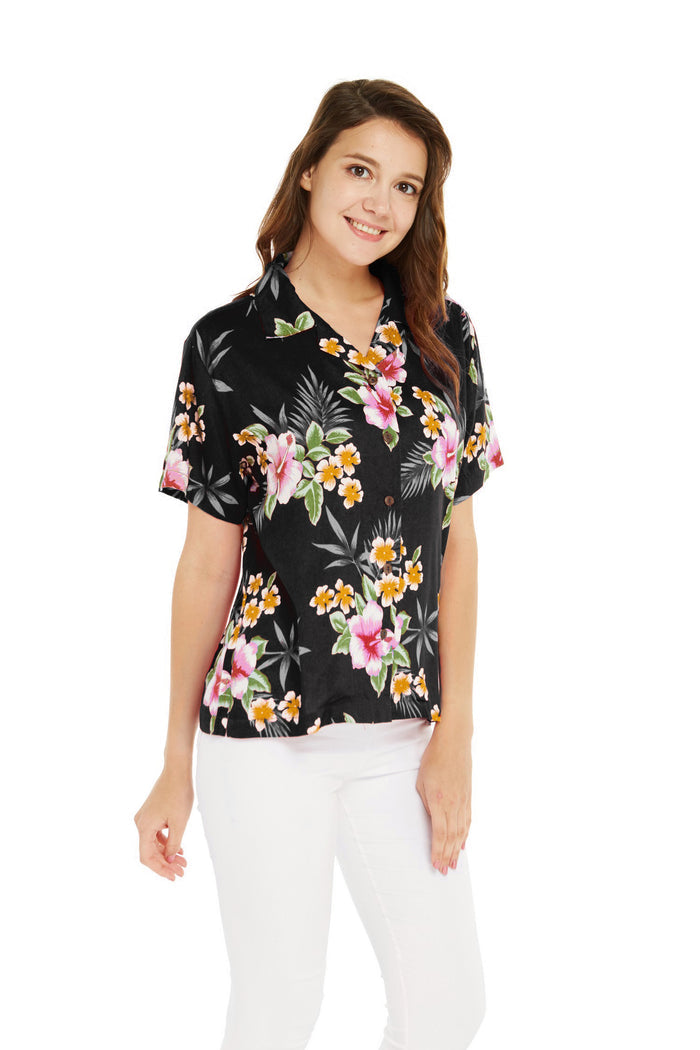 Women's Aloha Shirt in Hibiscus Black