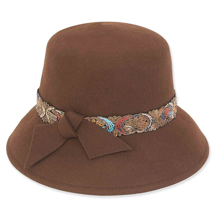 Wool Felt Cloche Hat with Embroidered Sequin Band - Adora® Hats Cloche Adora Hats AD980bn Brown