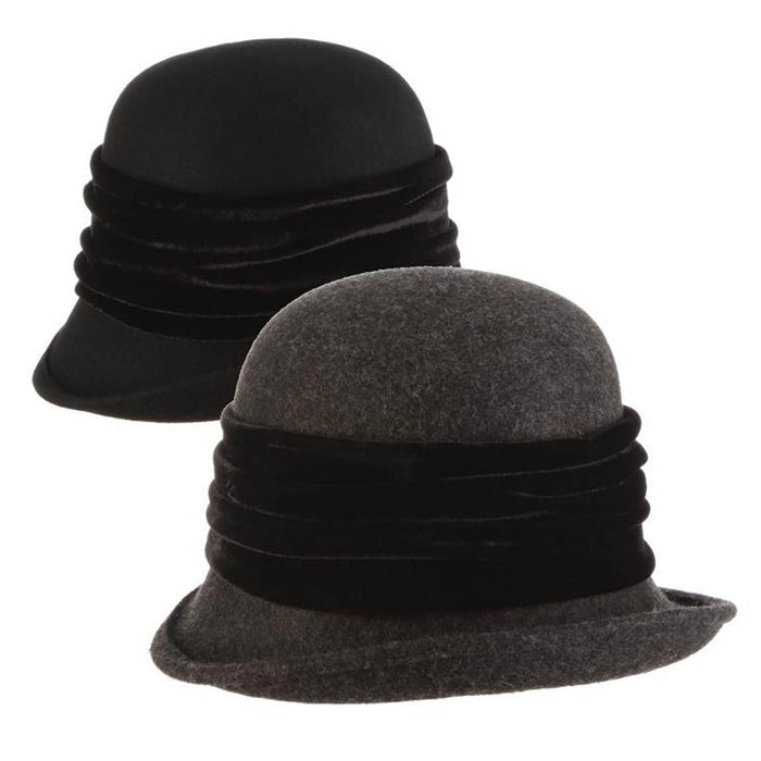 Wool Felt Cloche Hat with Velvet Band - Scala Hat Cloche Callanan Hats LV423 Black Medium (57 cm)