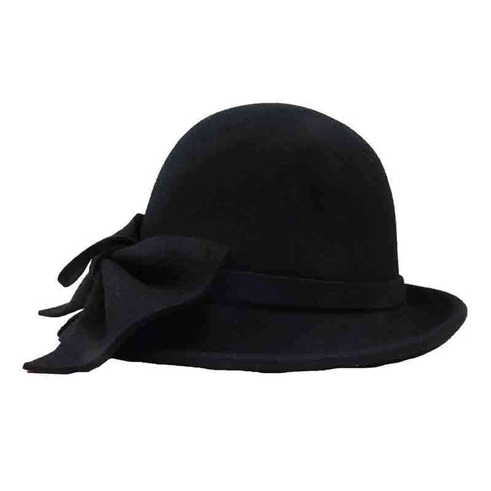 Wool Felt Cloche with Pleated Bow by JSA for Women Cloche Jeanne Simmons Accessories js7391BK Black