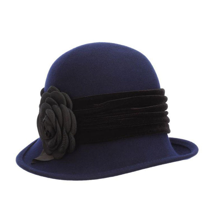 Wool Felt Cloche with Velvet Band - Scala Hat Cloche Scala Hats LF264 Indigo
