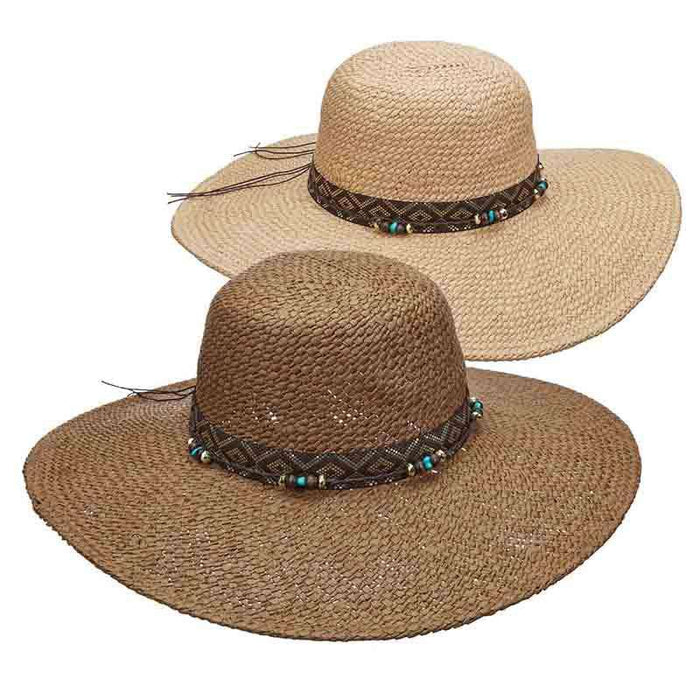Woven Toyo Floppy Hat with Metallic Band and Beads - Scala Pronto Wide Brim Sun Hat Scala Hats