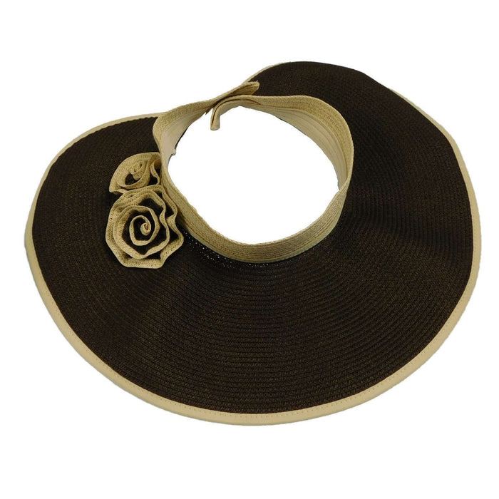 Wrap Around Roll Up Sun Visor Hat with Roses - Jeanne Simmons Accessories Visor Cap Jeanne Simmons Accessories js6240bn Brown/Natural